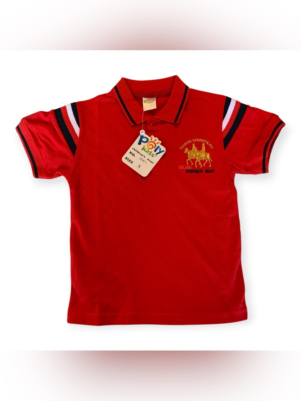 Kids Red Polo with Contrast Stripe Sleeves and Embroidered Crest
